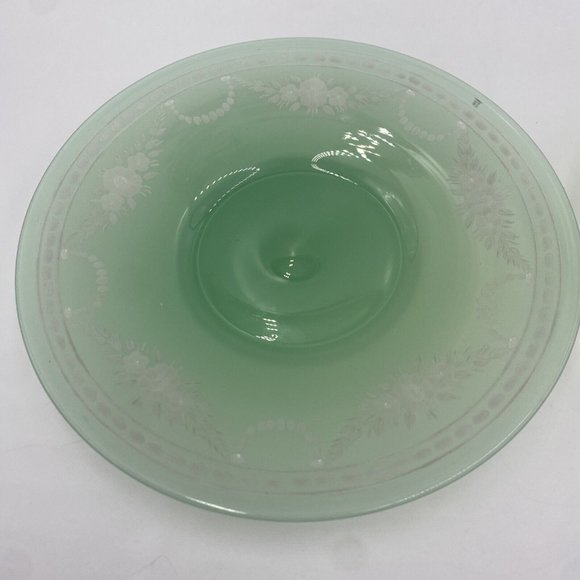 Jade Green Art Glass 7” Plates Engraved to Alabaster, Carder Steuben ? Unmarked - Picture 10 of 16